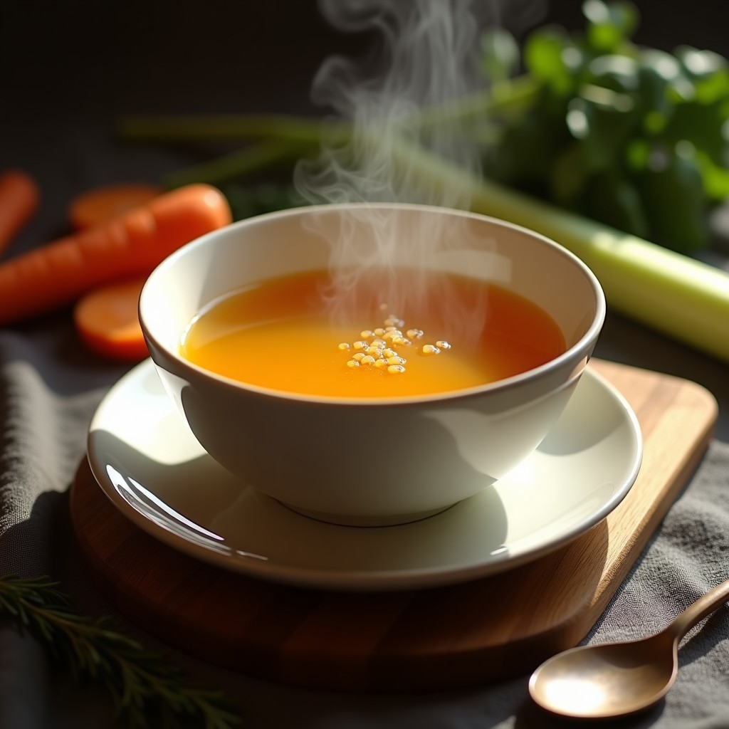 Tazón de cerámica blanca con caldo de huesos dorado y transparente, humeante, acompañado de zanahorias y apio. Receta curativa para inmunidad en olla lenta.