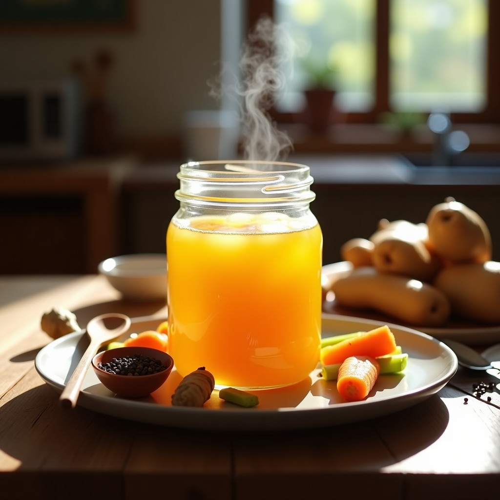 Tarro de vidrio transparente con caldo de huesos de pollo dorado y espumoso, con trozos de zanahoria y apio flotando, servido en un plato rústico de madera. Receta de caldo de huesos antiinflamatorio con cúrcuma en airfryer.