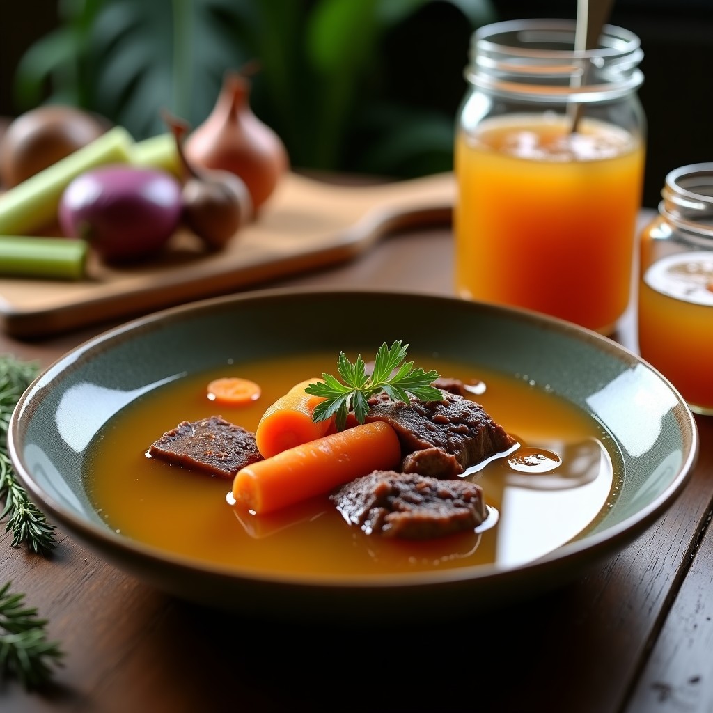 Jarros de vidrio transparentes llenos de caldo de huesos de ternera dorado y gelificado, con hierbas frescas flotando y huesos asados al fondo. Receta de cocción lenta de 24 horas.