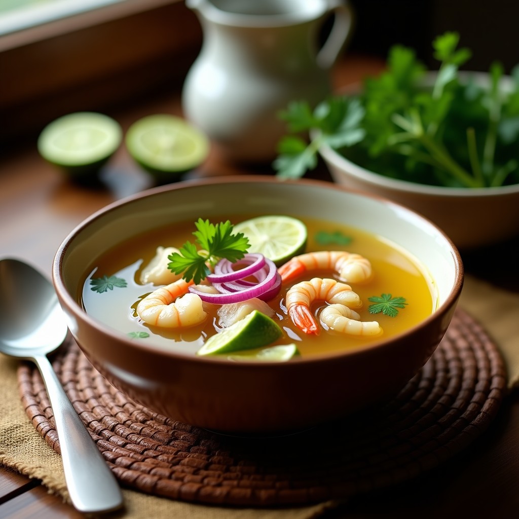 Bowl de caldo de pescado peruano humeante con trozos de merluza, camarones, cebolla roja, cilantro y rodajas de limón, servido en un plato de cerámica rústica.