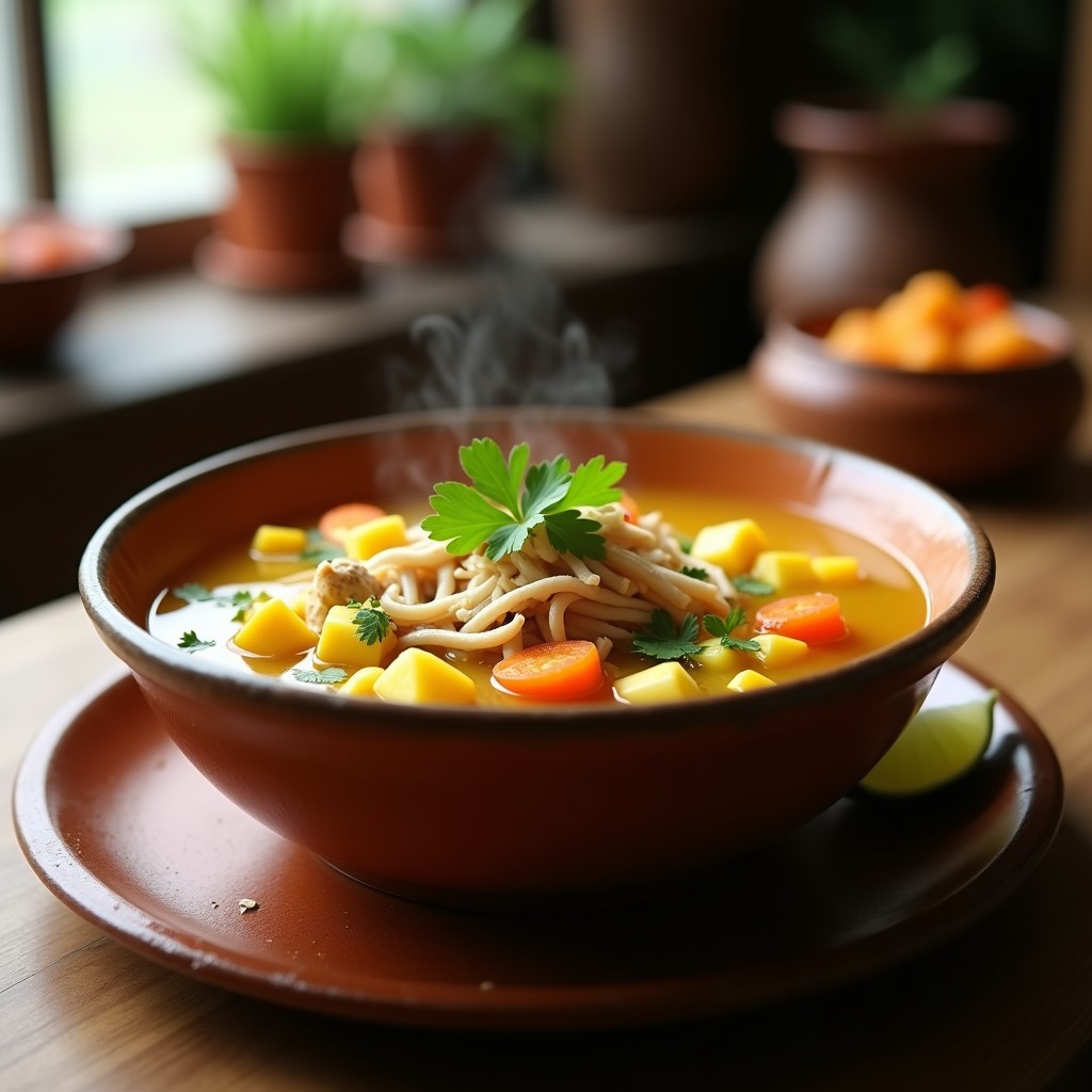 Plato hondo tradicional mexicano con caldo de pollito dorado, trozos de elote amarillo, zanahoria, papa y epazote, servido con cilantro fresco y limón.