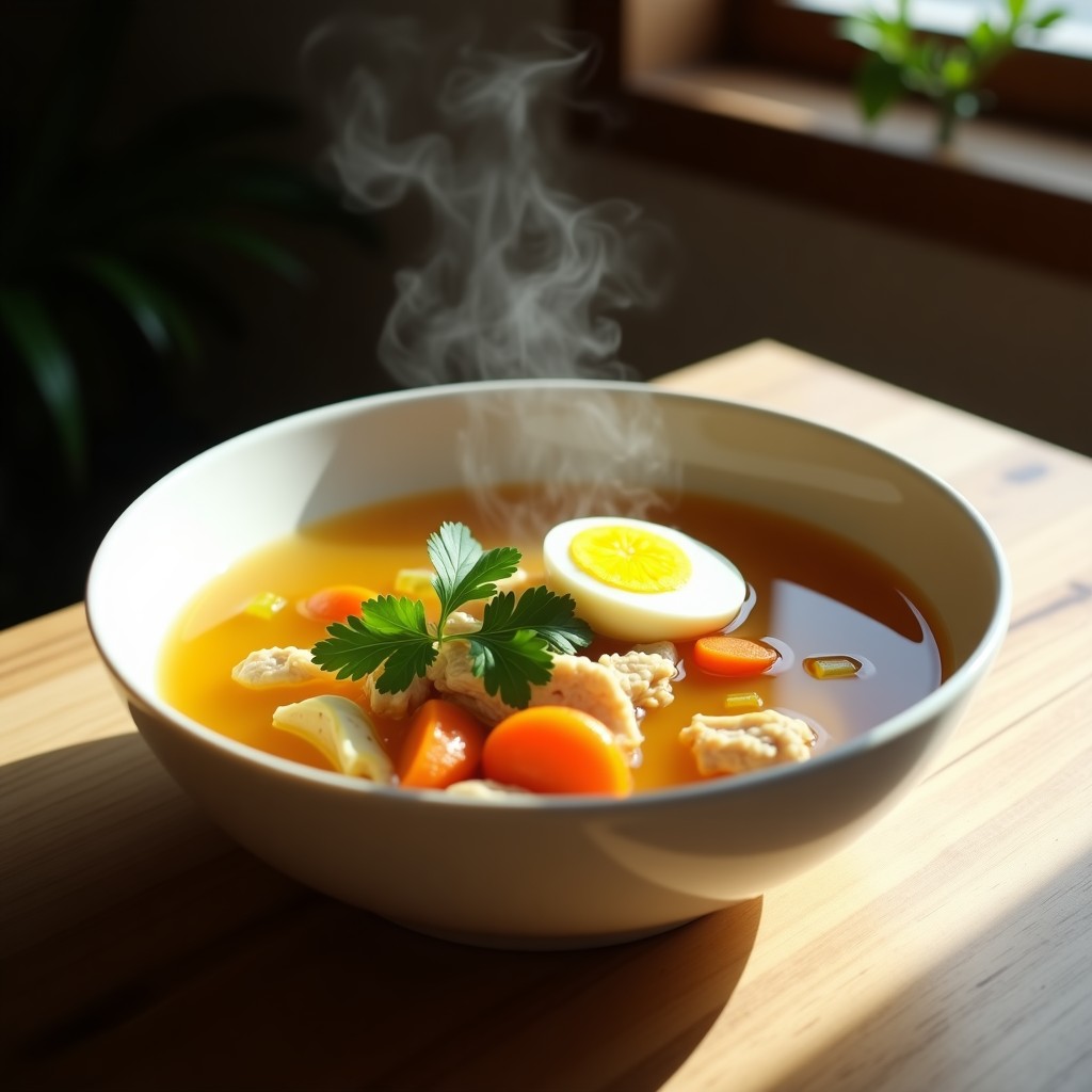 Tazón de cerámica blanca con caldo de pollo dorado y transparente, trozos de pollo desmenuzado, zanahoria, apio y huevo duro cortado por la mitad, decorado con cilantro fresco. Plato de caldo de pollo con asafoétida servido humeante.