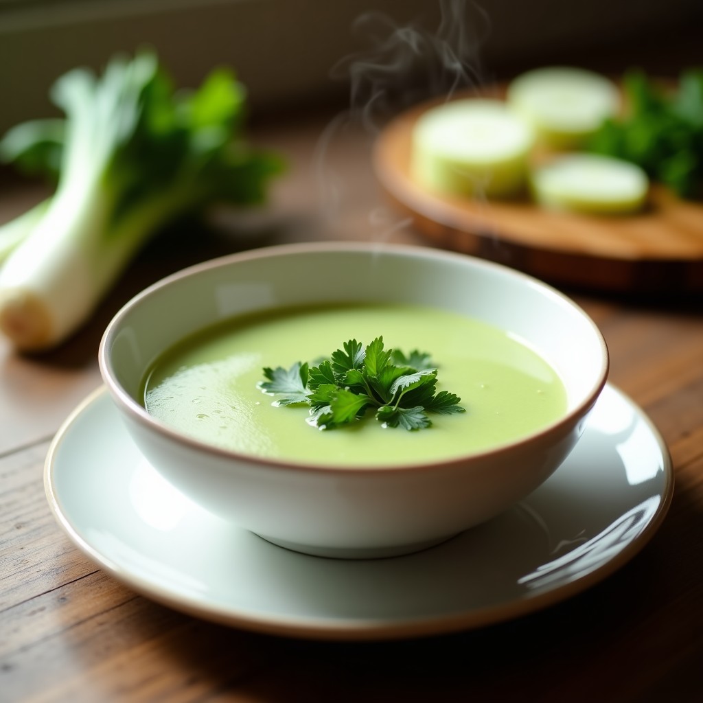 Bowl de cerámica blanca con caldo depurativo de apio, puerro y algas dulse, espolvoreado con perejil fresco. Fondo rústico con trozos de apio y puerro crudos al lado, imagen cálida y natural.