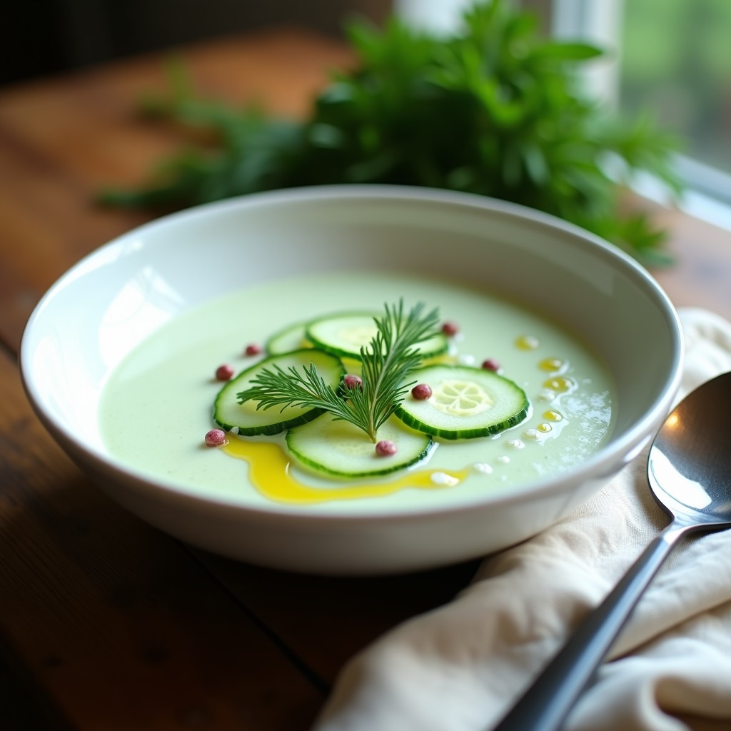Cuenco blanco con caldo frío de pepino y eneldo con yogur griego, decorado con menta fresca y un hilo de aceite de oliva virgen extra sobre fondo rústico de madera clara. Plato refrescante ideal para verano.