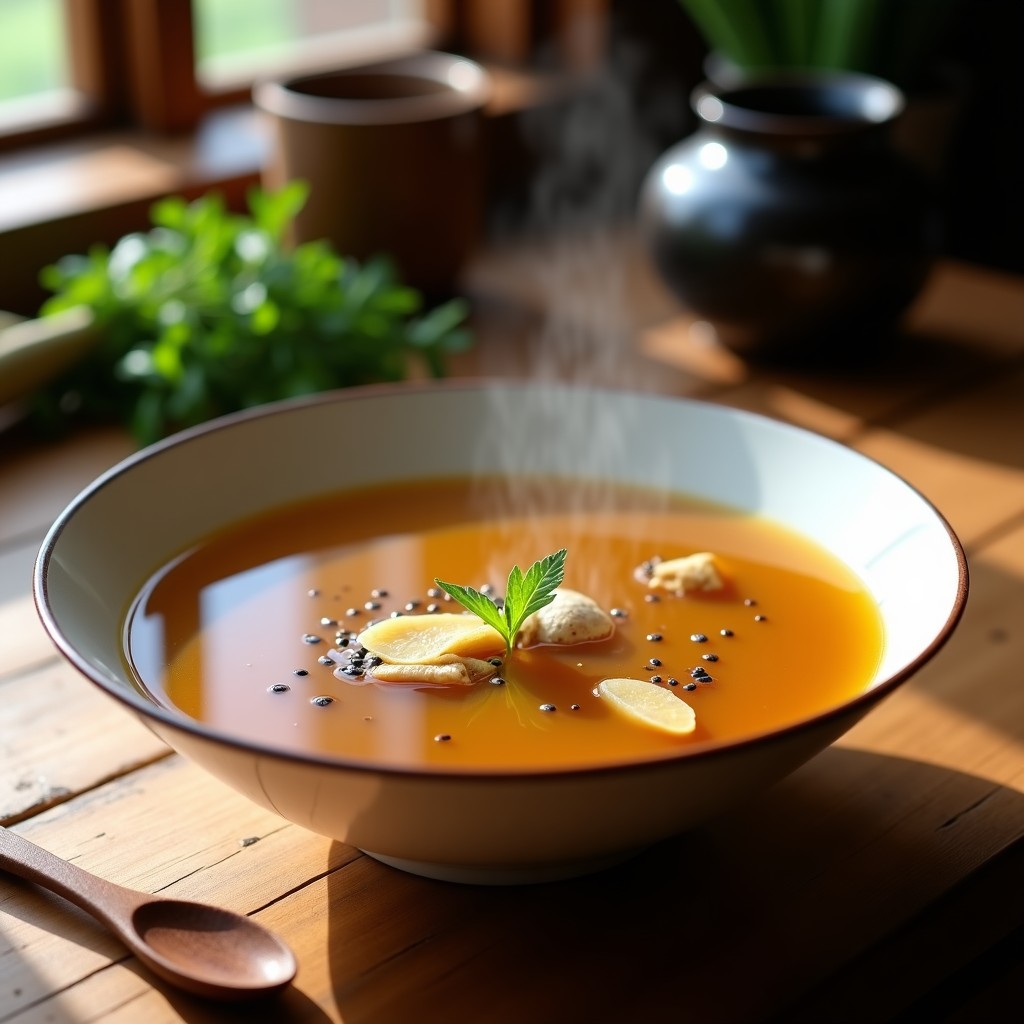 Tazón de cerámica blanca humeante con caldo de hongos shitake vegano, color dorado intenso, decorado con semillas de sésamo negro y rodajas de jengibre fresco. Fondo rústico de madera con hierbas frescas y un cuenco de miso al lado.