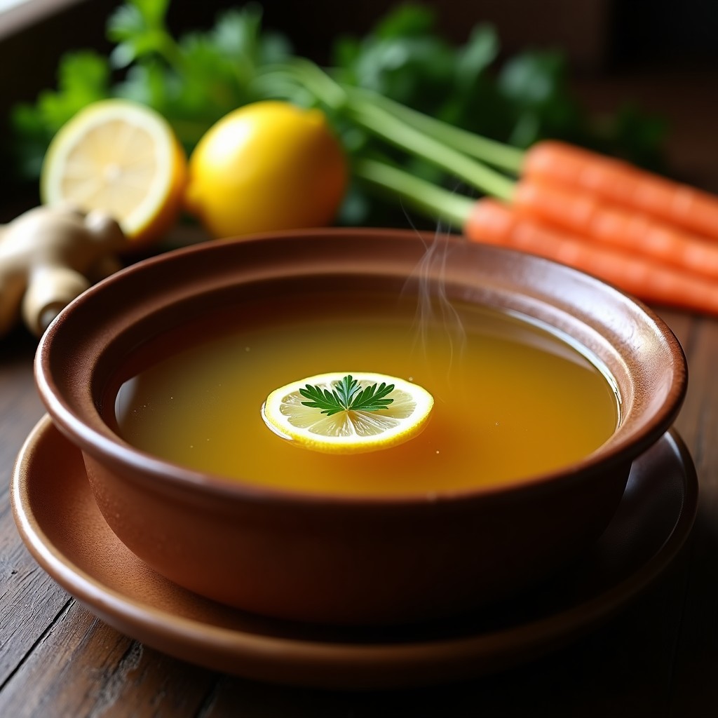 Olla de barro humeante con caldo de huesos de buey dorado, trozos de zanahoria y apio flotando, espolvoreado con jengibre rallado y rodajas de limón. Receta argentina para el sistema inmune, servido en cuenco rústico sobre mesa de madera.