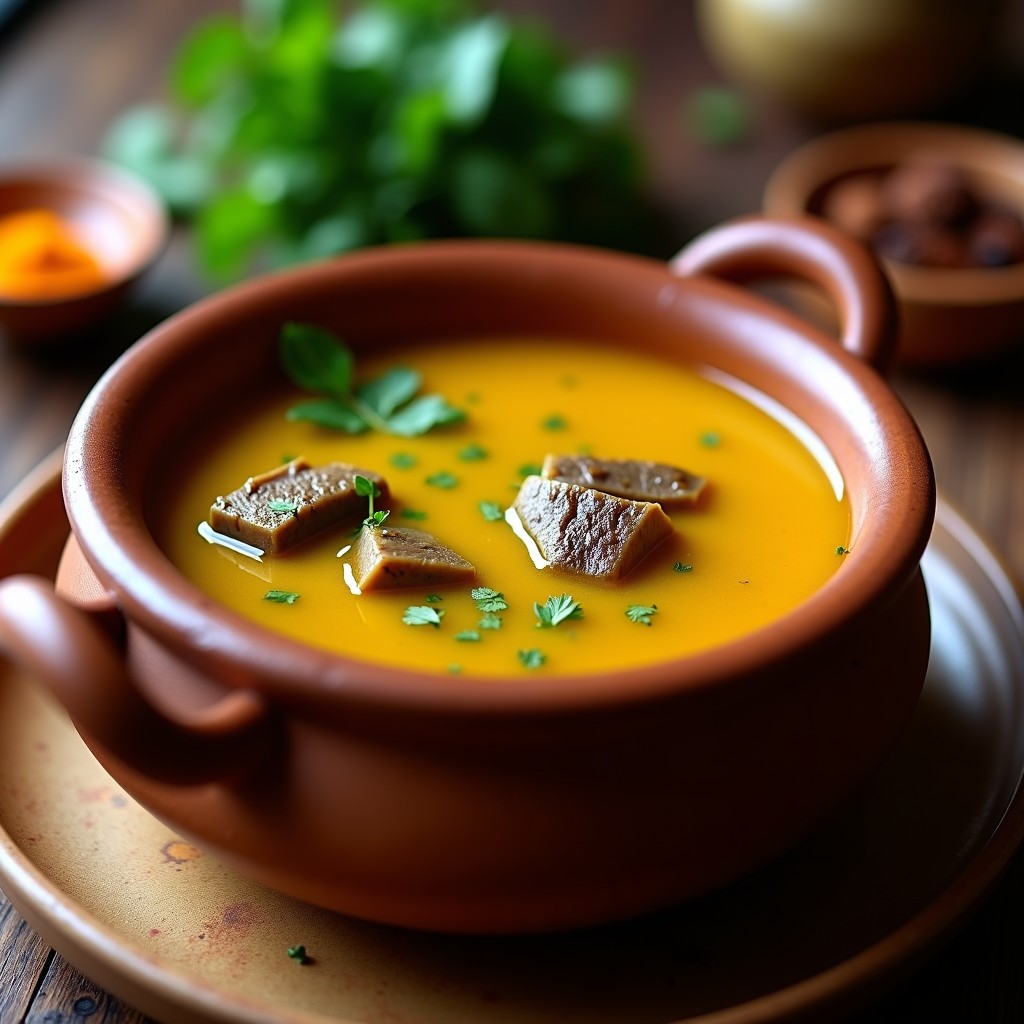 Cazuela de barro humeante con caldo de huesos de cordero dorado, aromatizado con azafrán y especias marroquíes, servido en cuenco de cerámica con perejil fresco. Receta tradicional en Thermomix.