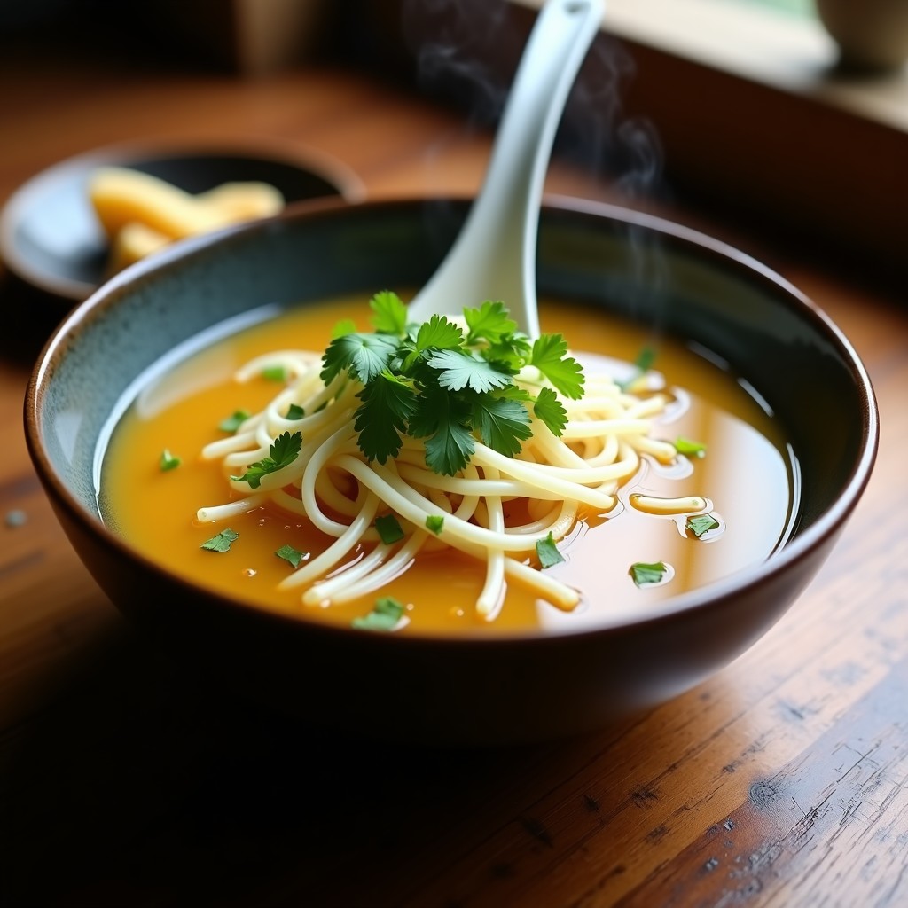 Cuenco hondo de cerámica oscura con caldo de huesos dorado, fideos de konjac translúcidos, cilantro fresco, semillas de sésamo y un toque de pimienta de Sichuan. Receta china desintoxicante en olla exprés.