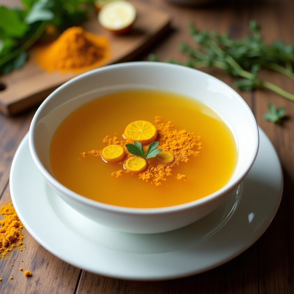 Tazón de cerámica blanca con caldo de huesos dorado y transparente, espolvoreado con cúrcuma en polvo y rodajas de jengibre fresco, sobre una mesa de madera rústica con hierbas aromáticas al fondo, receta detox en olla exprés.