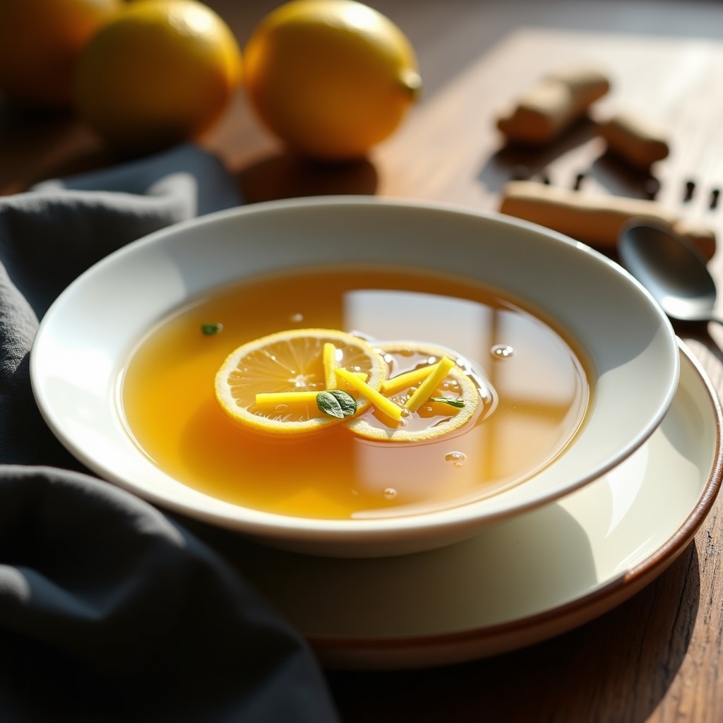 Tazón de porcelana blanca con caldo de huesos dorado y transparente, decorado con rodajas de jengibre fresco, cáscaras de limón y hojas de perejil. Al fondo, una olla de presión y huesos de ternera y pollo. Receta keto en olla de presión para inmunidad.