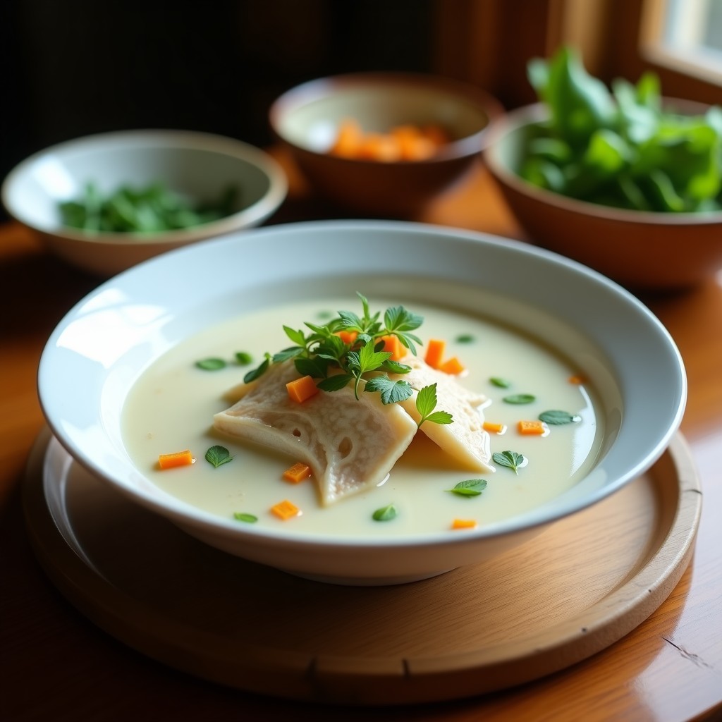 Cuenco de cerámica blanca con caldo de pescado cremoso color dorado por la cúrcuma, trozos de merluza, juliana de zanahoria, hierbas frescas verdes y una rodaja de limón. Plato tradicional vietnamita servido sobre mesa de madera con fondo borroso de cocina.