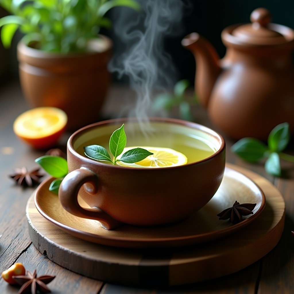Taza de cerámica rústica con caldo de poleo andino humeante, hierbas frescas flotando y rodaja de limón al lado, sobre fondo de madera oscura con hojas de poleo esparcidas.