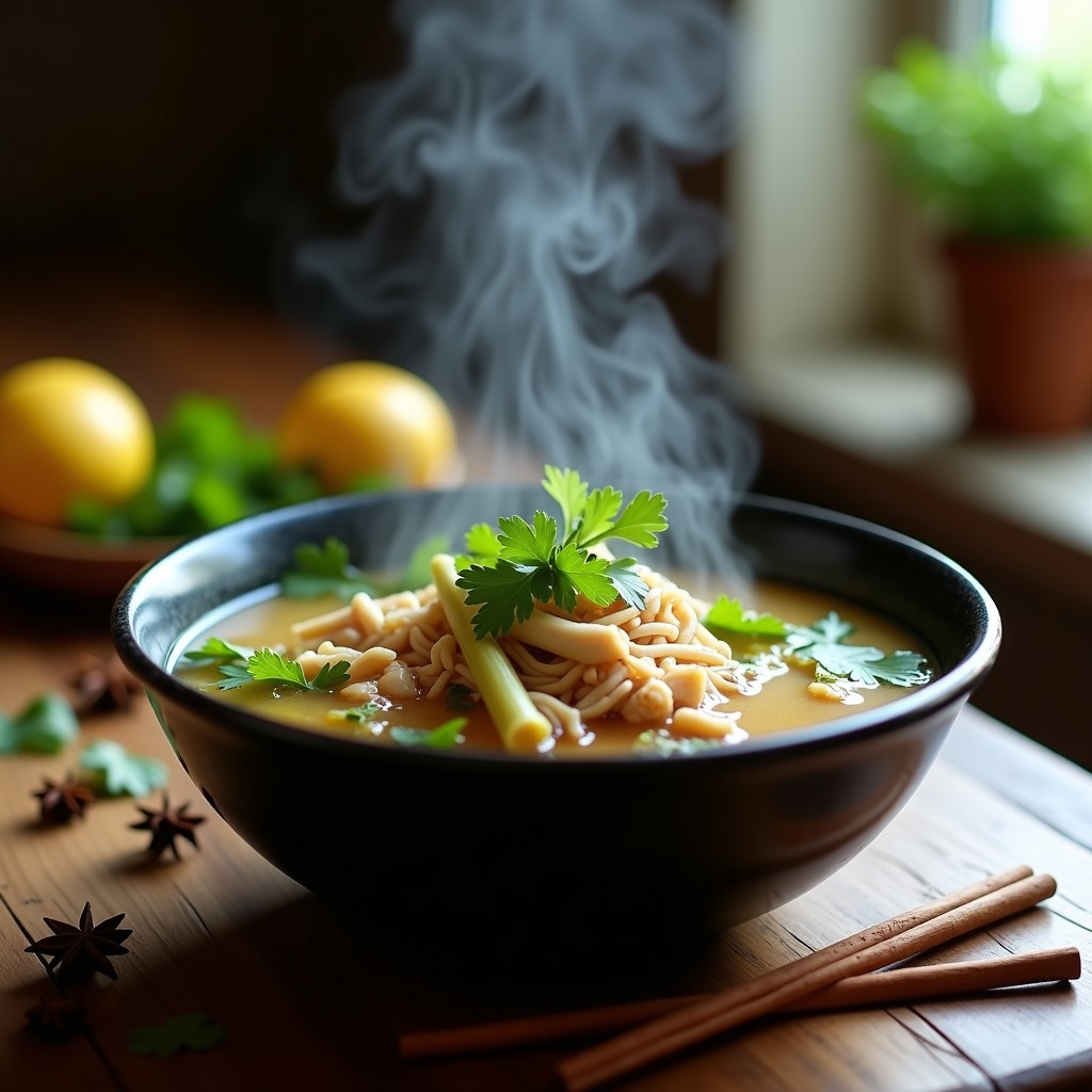 Cuenco de cerámica negra con caldo de pollo vietnamita keto, humeante, decorado con brotes de soja, cilantro fresco y rodajas de limón. Fondos de lemongrass y jengibre flotando en el caldo dorado. Estilo rústico y apetecible.