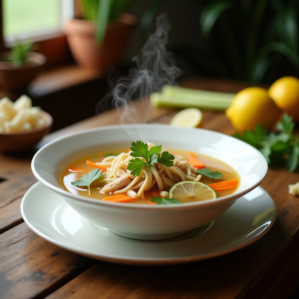 Tazón hondo de cerámica blanca con caldo de pollo vietnamita humeante, fideos de arroz, rodajas de zanahoria, trozos de pollo desmenuzado y cilantro fresco. Al fondo, tallos de limoncillo y rodajas de jengibre sobre una mesa de madera rústica.
