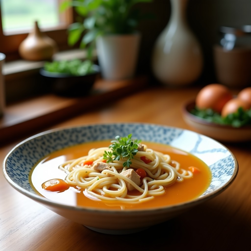 Plato hondo de cerámica oscura con caldo de pollo dorado y espumoso, fideos de shirataki translúcidos, trozos de pollo desmenuzado, láminas de jengibre fresco y cilantro picado. Semillas de sésamo espolvoreadas y pimienta de Sichuan al lado. Receta keto de caldo de pollo con jengibre y shirataki en olla lenta.
