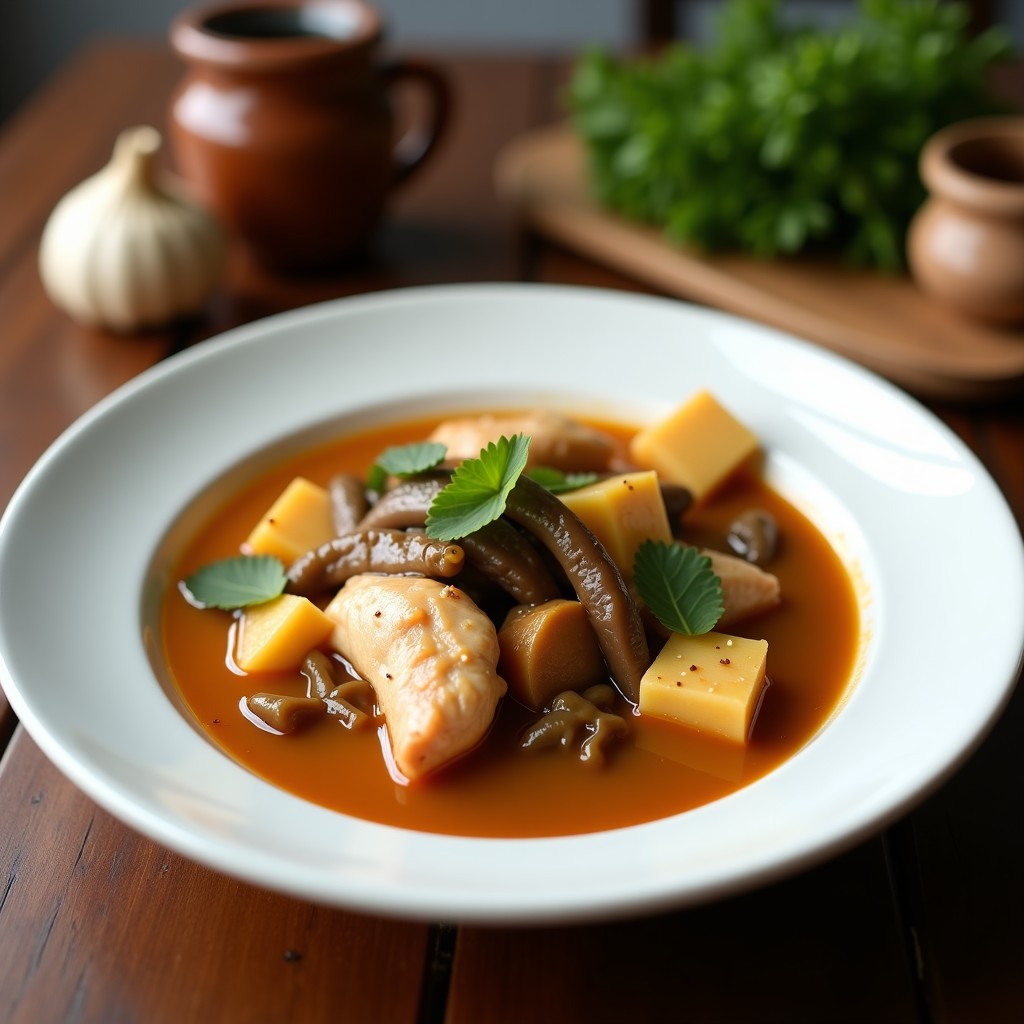 Cuenco de barro humeante con caldo de pollo dorado, trozos de jengibre fresco, hongos shitake hidratados y algas wakame, sobre fondo rústico de madera. Receta de caldo de pollo con jengibre y shitake en olla lenta.