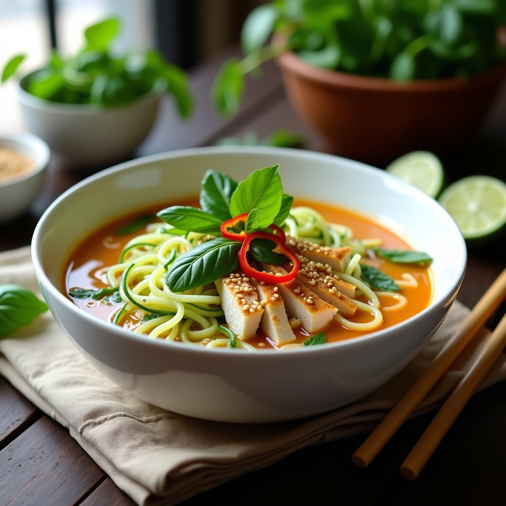 Cuenco hondo de cerámica blanca con caldo tailandés de pollo y lemongrass, fideos de calabacín verdes espiralizados, trozos de pollo jugoso, hojas de cilantro fresco y rodajas de lima. Plato keto colorido y apetitoso sobre fondo de madera rústica.