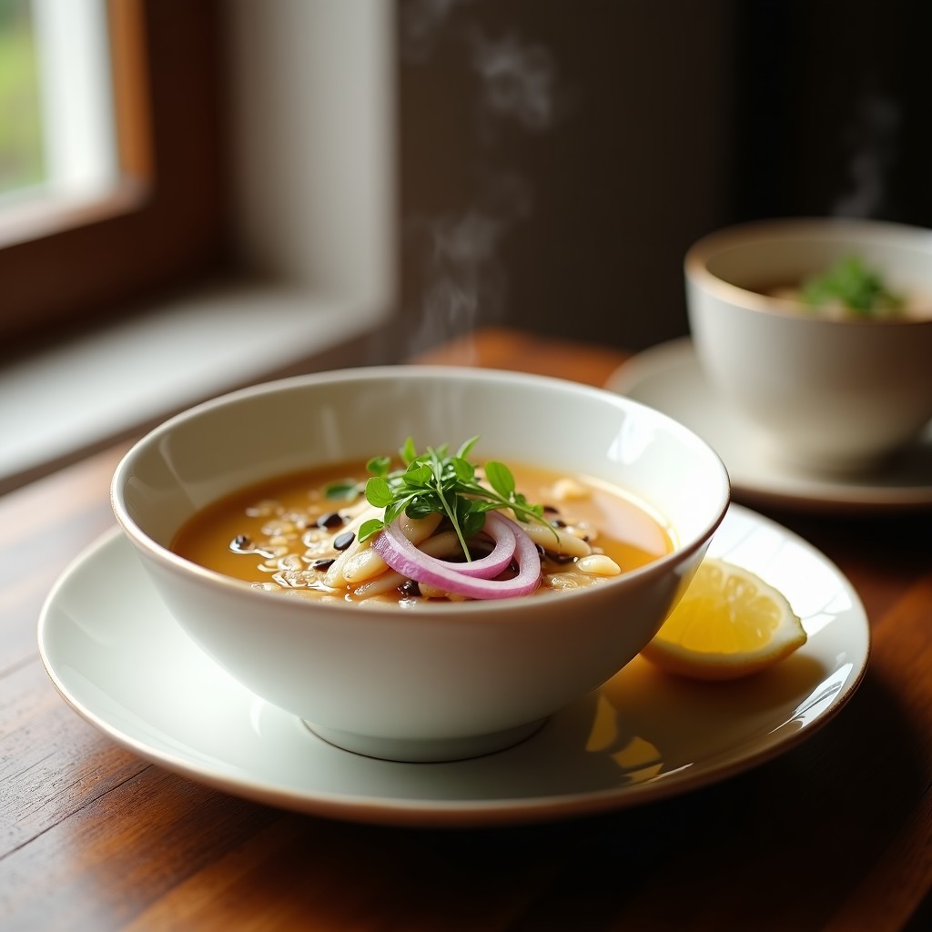 Tazón de cerámica blanca con caldo tibetano de miso y jengibre, espuma ligera en superficie, decorado con cebollino fresco y rodaja de limón, fondo de madera rústica.