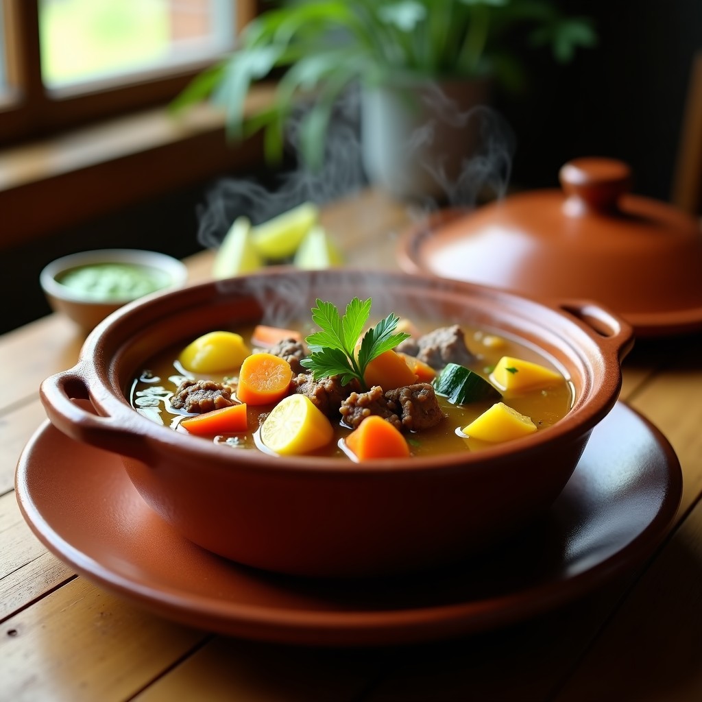 Olla humeante con caldo tlalcualo, lleno de trozos de carne de res, elote, chayotes, calabacitas y zanahorias, decorado con cilantro fresco.