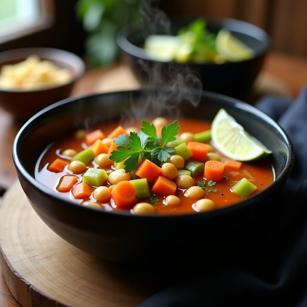 Bowl hondo de cerámica negra con caldo tlalpeno vegano humeante, garbanzos, zanahoria, apio y aguacate en cubos, decorado con cilantro fresco y rodajas de limón sobre fondo de madera rústica.