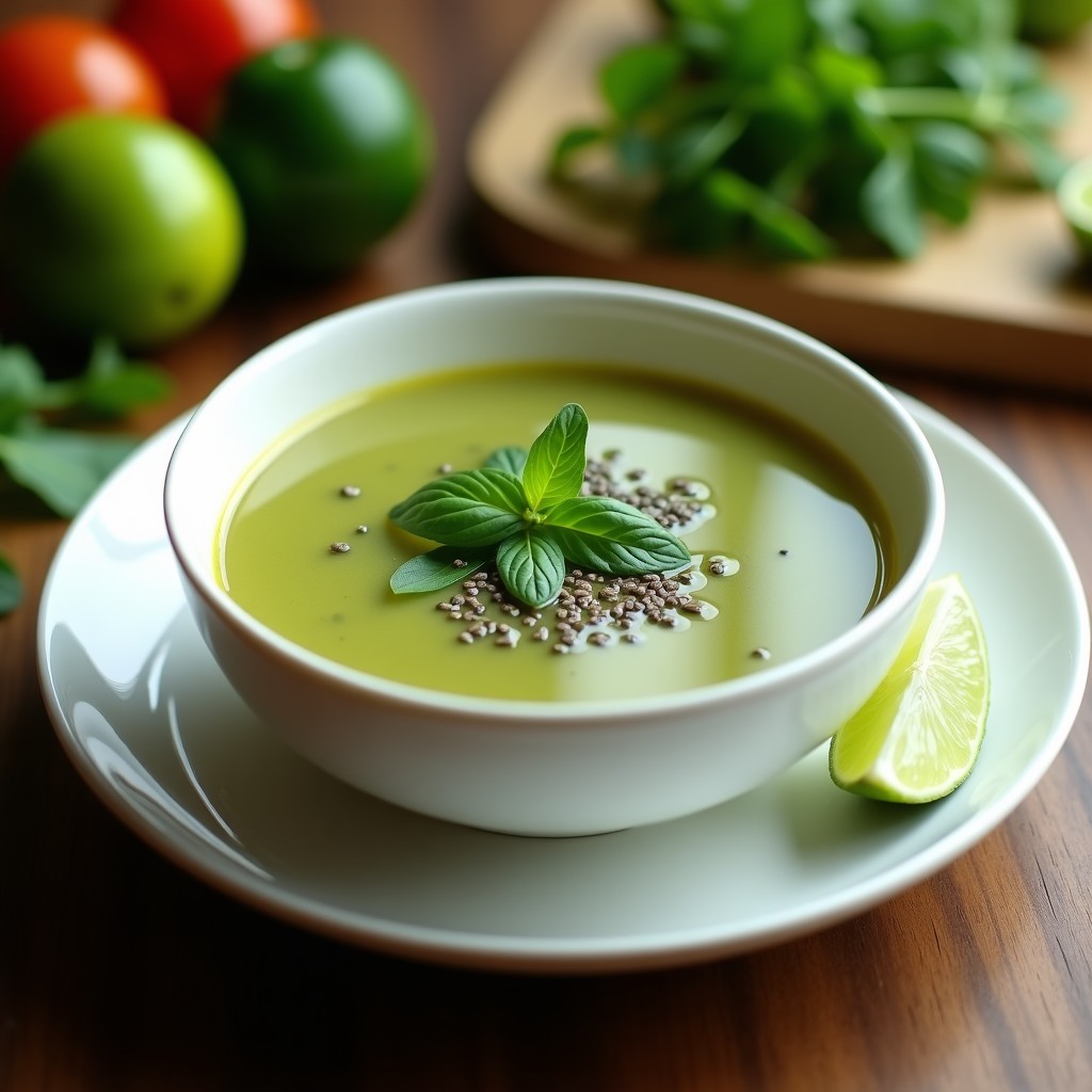 Tazón de cerámica blanca con Caldo TLBC humeante, de color rojo anaranjado claro, decorado con hojas frescas de albahaca y cilantro, rodajas de lima verde y trozos de cebolla morada y jitomate. Fondo rústico de madera con utensilios de cocina mexicanos al lado.