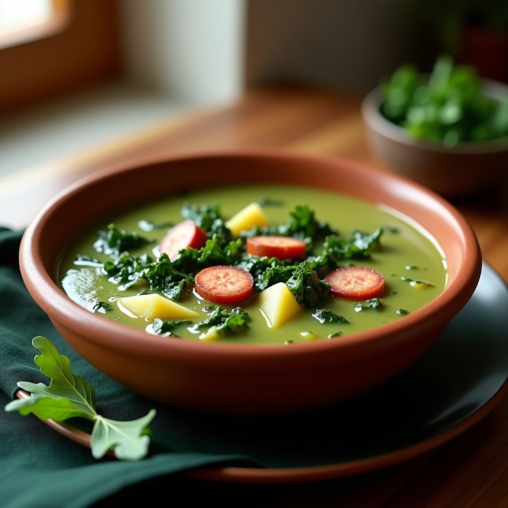 Cazuela de barro humeante con caldo verde portugués en airfryer, patatas trituradas, col rizada en juliana y rodajas de chorizo dorado, decorado con aceite de oliva.