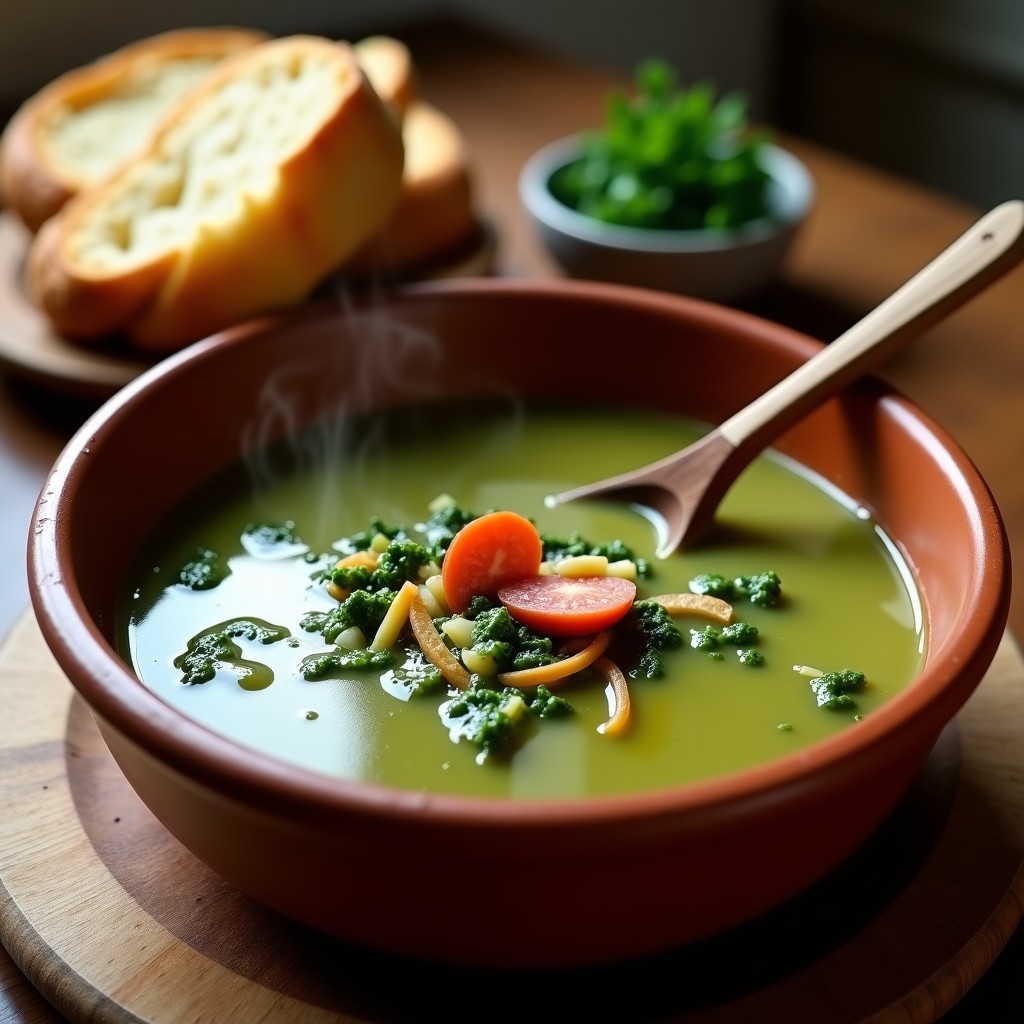 Cazuela de barro humeante con caldo verde portugués, patatas trituradas, rodajas de chorizo y grelos frescos, servido con pan rústico al lado.
