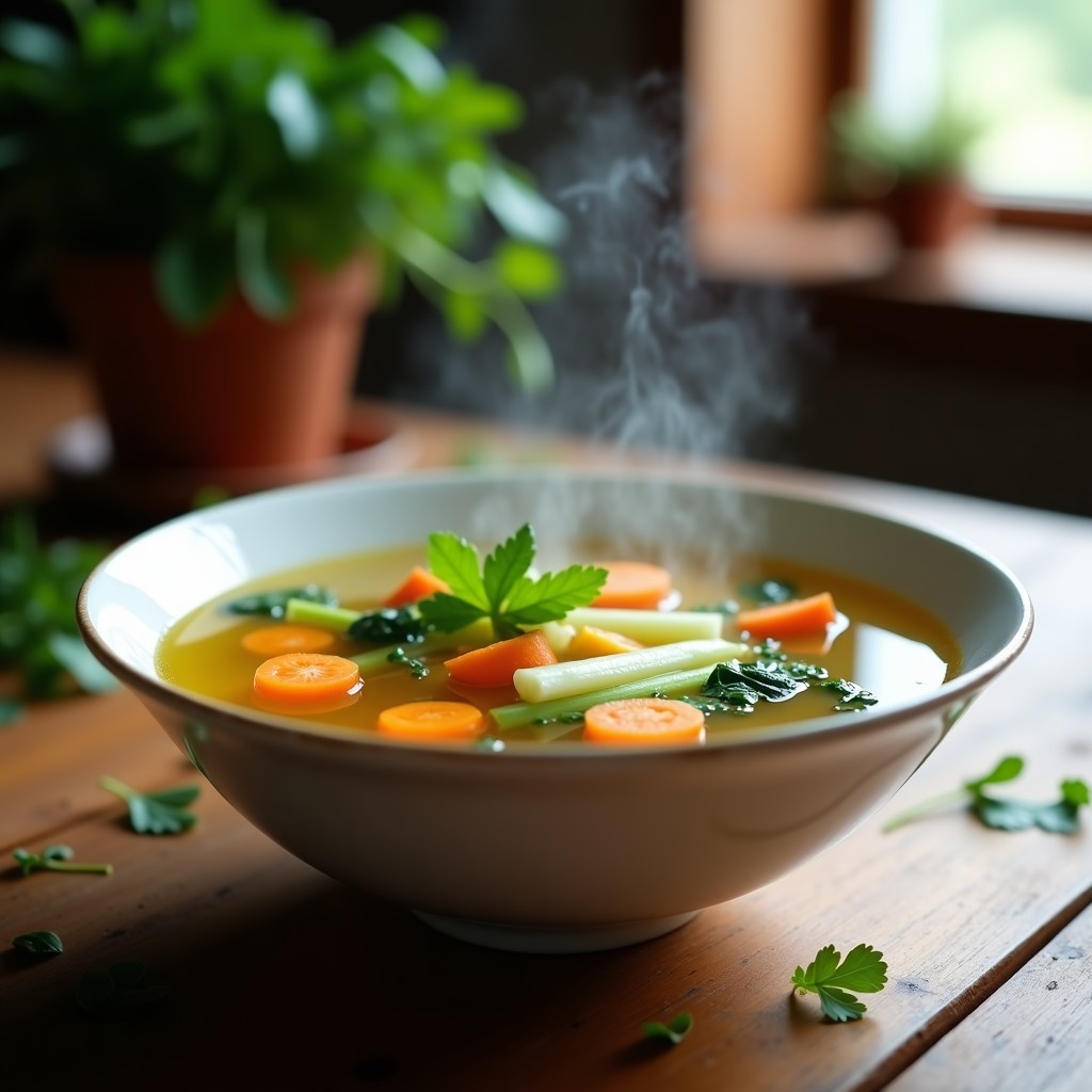 Tazón de cerámica blanca con caldo de verduras con jengibre humeante, trozos de zanahoria, apio y espinacas, decorado con cilantro fresco y rodajas de jengibre, sobre fondo de madera rústica.
