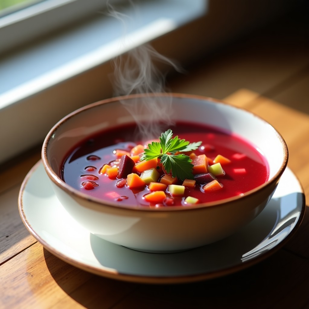 Cuenco de cerámica blanca con caldo de verduras y remolacha de color rojo intenso, humeante y decorado con hojas de perejil fresco. Receta depurativa en olla express.