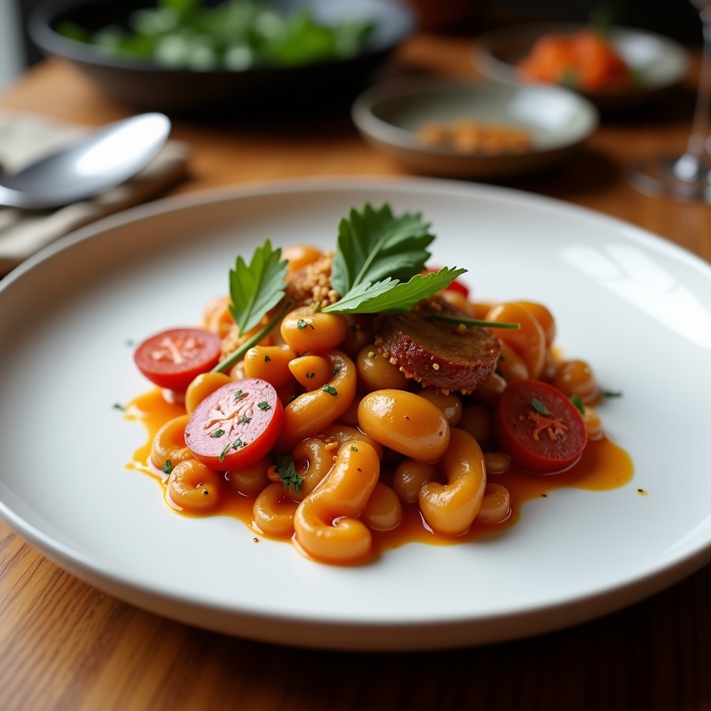 Plato hondo de barro con callos a la madrileña, chorizo ibérico en rodajas, morcilla y garbanzos, bañados en un caldo espeso y oscuro. Acompañado de pan rústico y decorado con perejil fresco.