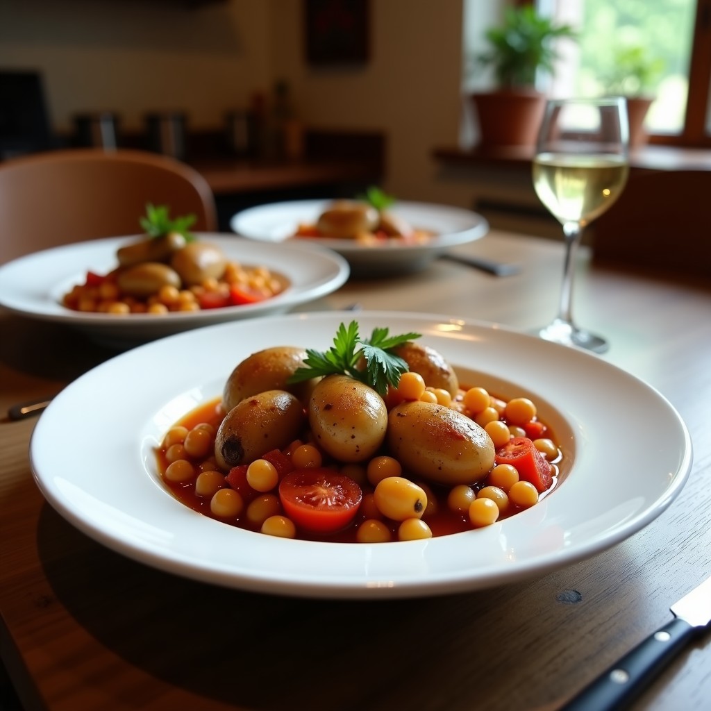 Cazuela de barro humeante con callos a la madrileña veganos, garbanzos dorados, rodajas de morcilla vegetal oscura y caldo espeso aromatizado con pimentón. Acompañados de pan rústico y perejil fresco picado.