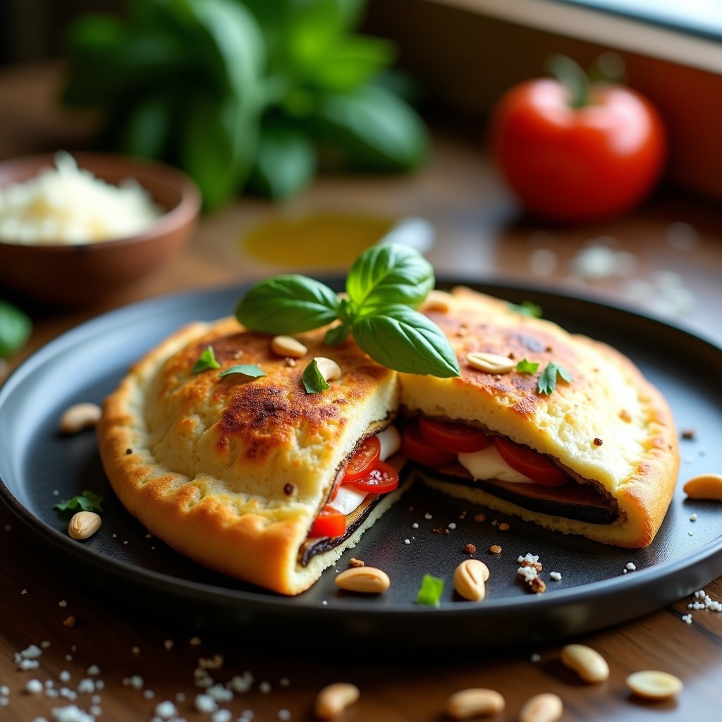 Calzone italiano sin masa tradicional, relleno de ricotta cremosa, tomate seco y piñones, asado al horno hasta dorar, servido en plato de barro con albahaca fresca.
