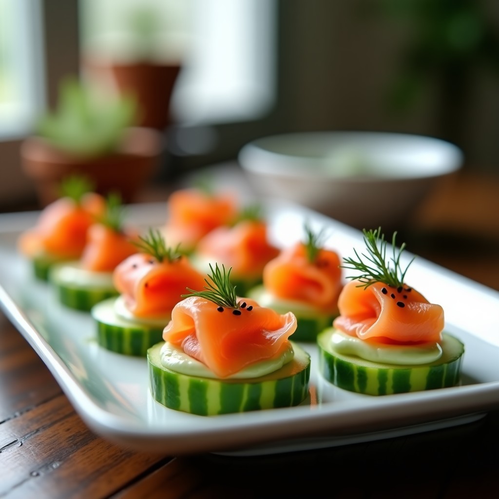 Bandeja de canapelés elegantes con base de pepino fresco, rellenos de crema de wasabi suave y coronados con láminas de salmón ahumado, decorados con semillas de sésamo negro y eneldo picado. Aperitivo japonés sin gluten, fresco y sofisticado.