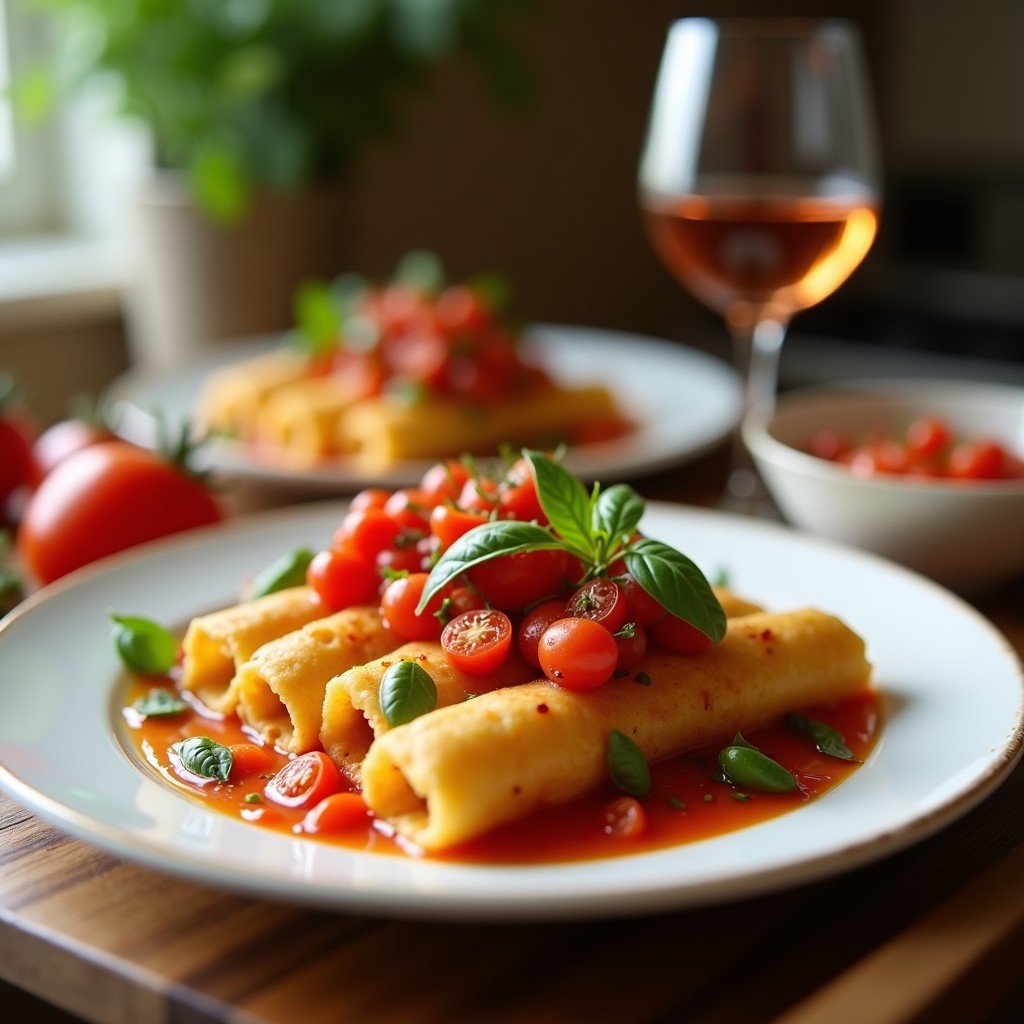 Plato blanco con canapelones de berenjena dorados en airfryer, rellenos de espinacas y queso de cabra, bañados en salsa cremosa de tomates secos y almendras, decorados con filetes de almendra tostada.