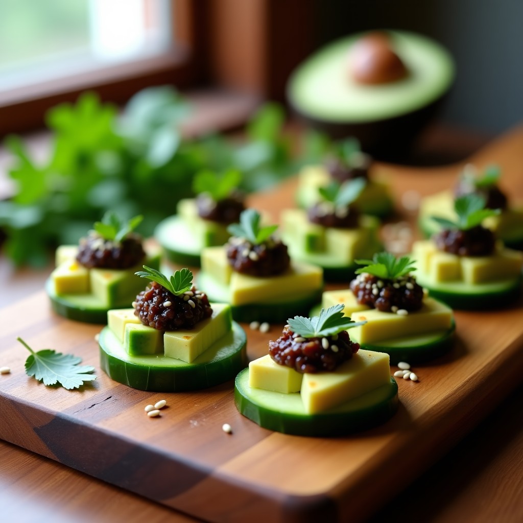Canapés de aguacate en trozos grandes con caviar de berenjena ahumada, decorados con semillas de sésamo, almendras fileteadas, cilantro fresco y aceitunas negras sobre una tabla de madera rústica. Receta de aperitivo keto sin pan.