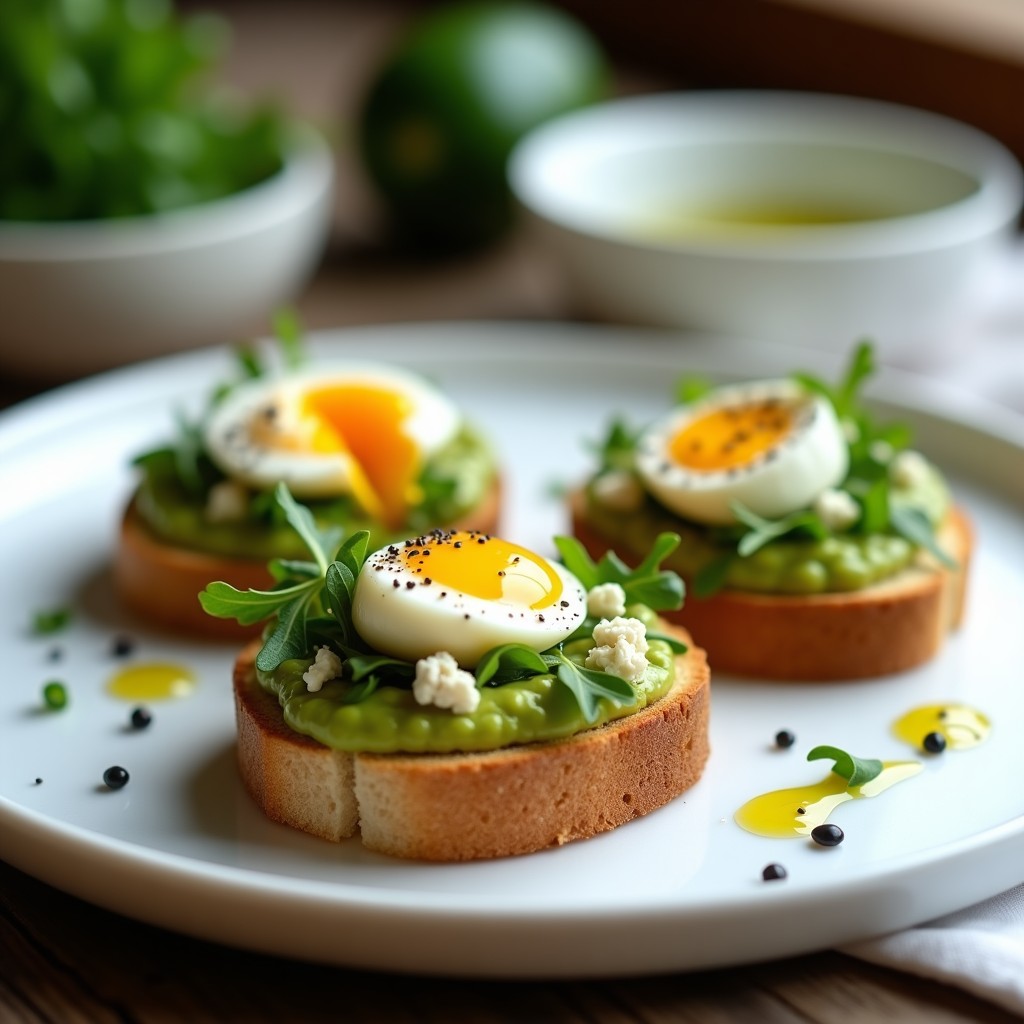 Canapés franceses elegantes con base de baguette tostada, crema de aguacate verde vibrante, huevo pochado de yema líquida, queso Brie desmenuzado, rúcula baby y semillas de sésamo negro, decorados con hierbas provenzales y un hilo de aceite de oliva.