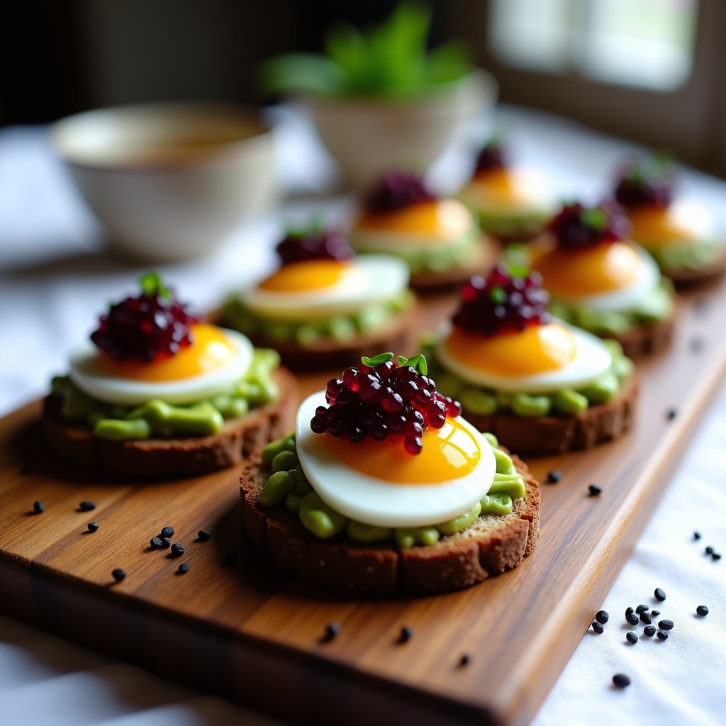 Canapés de aguacate cremoso con huevos de codorniz cortados por la mitad, cubiertos de caviar de remolacha rosa y decorados con semillas de sésamo negro y cebollino, sobre pan de espelta tostado en forma redonda, servidos en una bandeja de madera rústica.