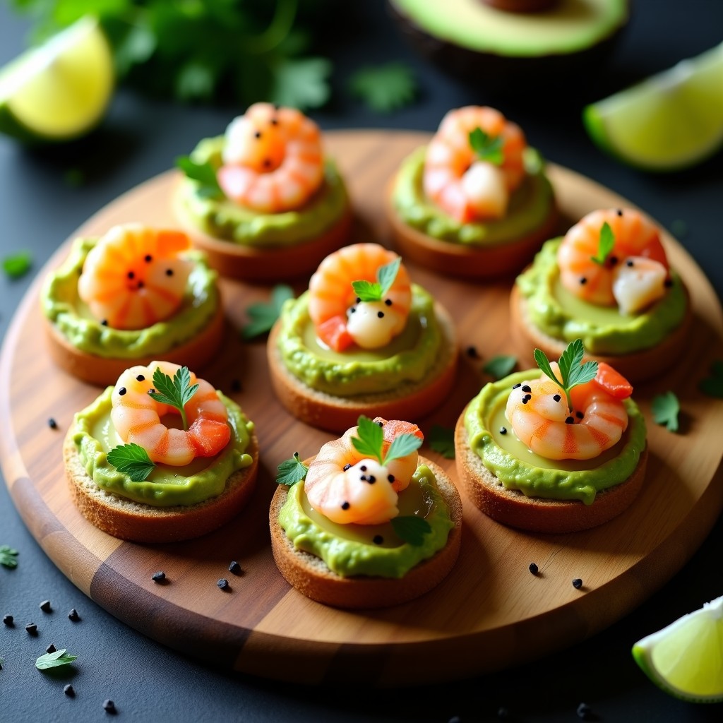 Canapés peruanos con base de pan integral tostado, capas de aguacate cremoso, langostinos rosados y decoración de semillas de sésamo y cilantro, servidos en bandeja de madera.
