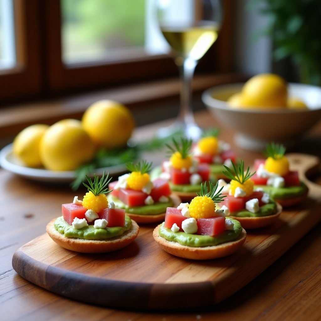 Canapés de aguacate y ventresca de atún con caviar de limón sobre pan de cristal tostado, decorados con semillas de sésamo y cebollino fresco. Receta española gourmet lista para servir.