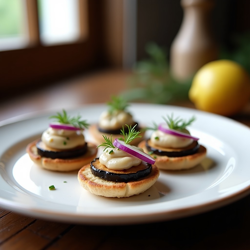 Canapés griegos veganos con base de pan de pita tostado, taramosalata cremosa de color beige, rodaja de berenjena asada dorada, cebolla morada en juliana, rábanos en láminas y hinojo fresco. Plato blanco rústico con fondo de madera oscura y hojas de eneldo esparcidas.