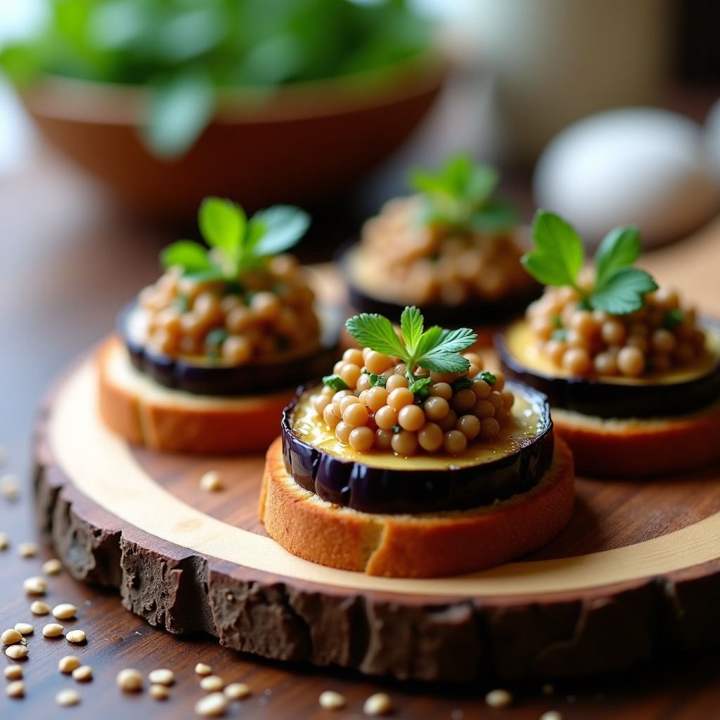 Canapés elegantes de berenjena asada dorada sobre bases de pan de pita integral, coronados con caviar de lentejas cremoso, perejil fresco y semillas de sésamo. Plato de entrantes veganos altos en proteína, servido en bandeja de madera rústica.