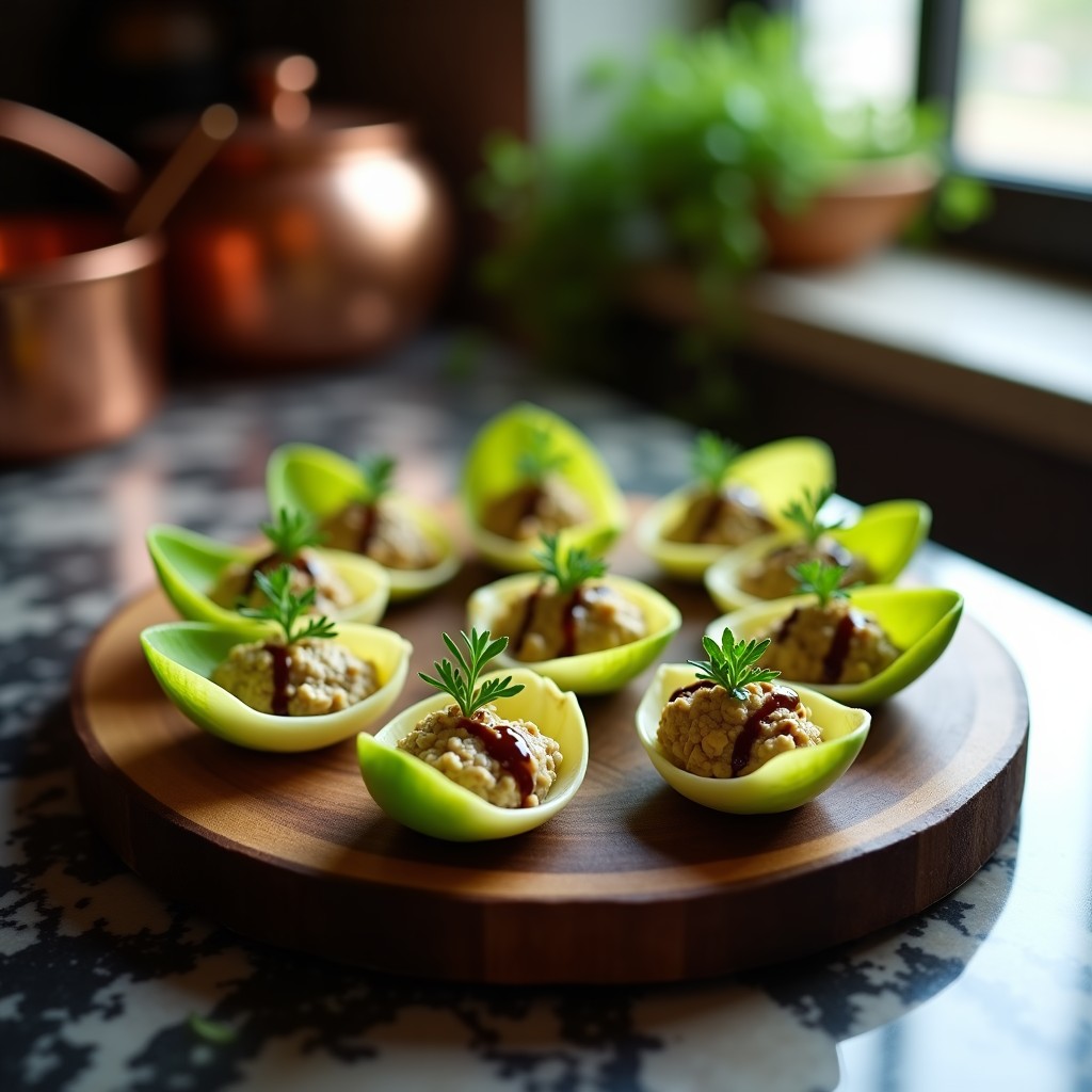 Bandeja de madera con canapés de endibia rellenos de paté cremoso de alcachofa, coronados con virutas de trufa negra y hojas de menta, aperitivo francés gourmet sin harina.