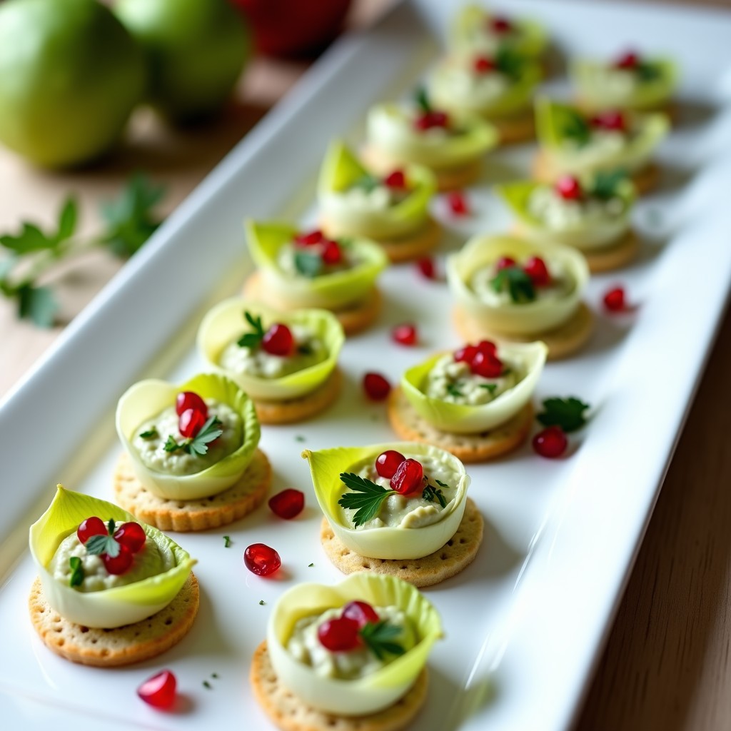Bandeja de madera con canapés de hojas de endibia rellenas de paté cremoso de alcachofas, decorados con almendras tostadas y hojas de menta fresca. Entrante vegano y bajo en calorías con presentacion elegante.