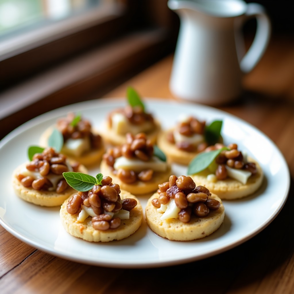 Bandeja de madera con canapés de endibia rellenos de queso de cabra cremoso y coronados con nueces pecanas caramelizadas y hojas de menta, aperitivo francés gourmet y bajo en carbohidratos.