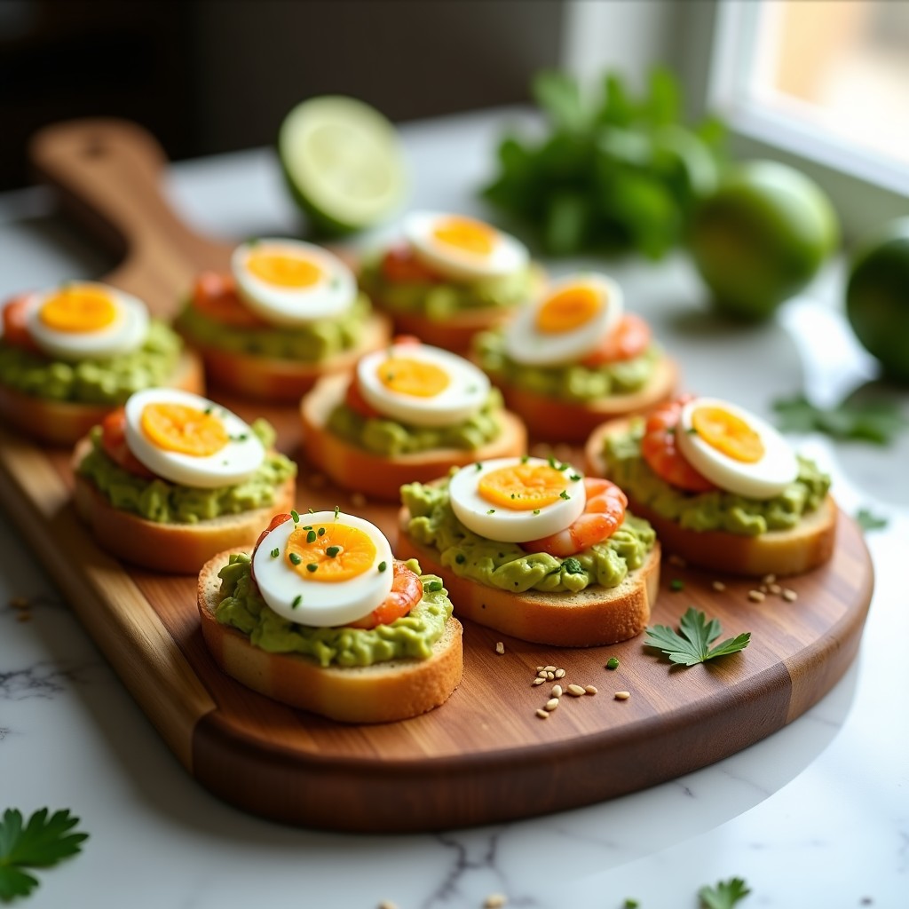Canapés de pan de maíz tostado con paté cremoso de aguacate y trozos de langostinos, decorados con cilantro fresco, microvegetales y pimentón, servidos en bandeja de madera rústica.
