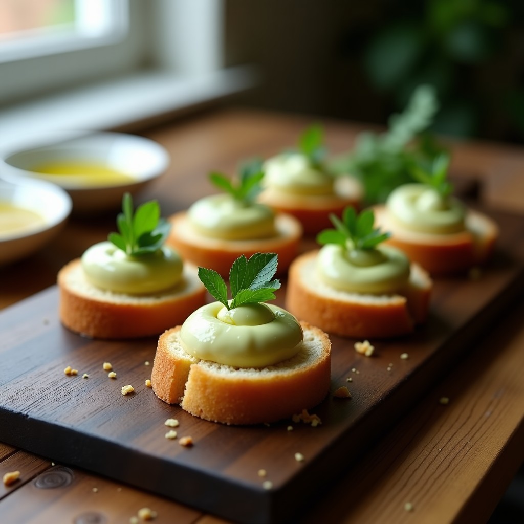 Canapés de pan de almendra dorado y crujiente con una capa cremosa de paté de alcachofa, decorados con almendras fileteadas y pimentón dulce, servidos en una bandeja de madera rústica. Receta keto y sin gluten.