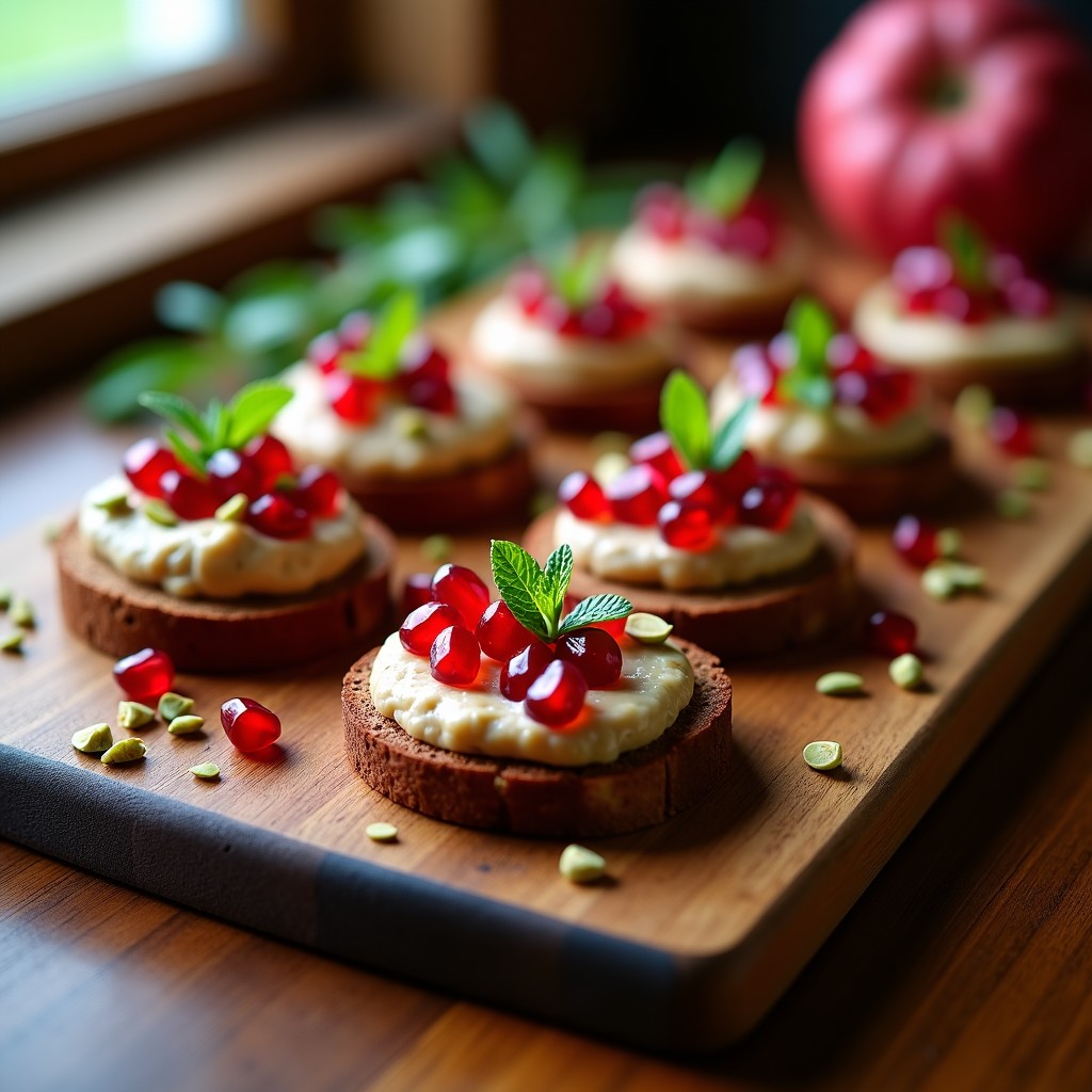 Canapés libaneses de pan de centeno tostado con paté de berenjena cremoso, decorados con semillas de granada rojas brillantes, hojas de menta fresca y pistachos picados, servidos en una bandeja de madera rústica.