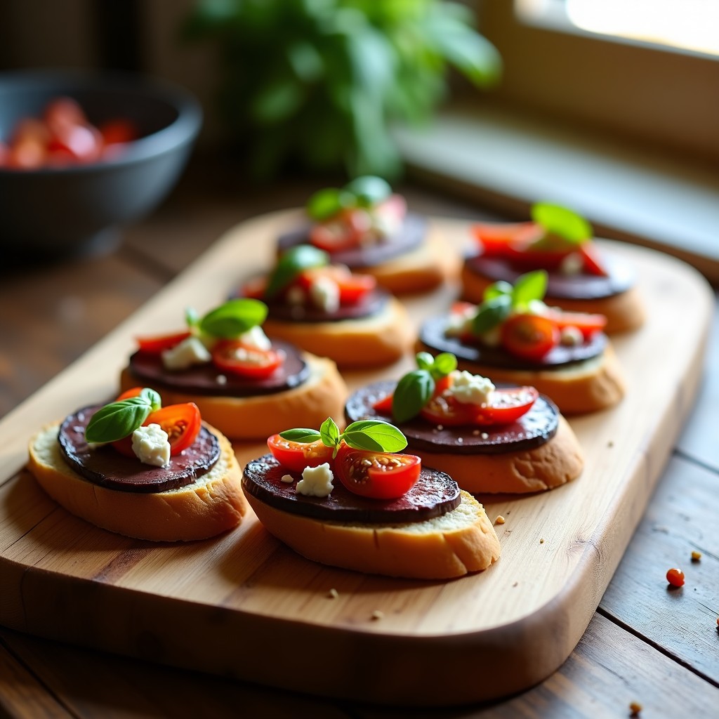 Canapés de Pan de Centeno con Paté de Berenjena y Tomates Secos: Entrante Elegante en 10 Minutos