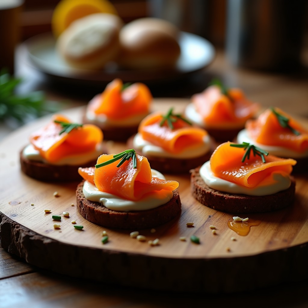 Canapés de pan de centeno con salmón marinado en whisky y miel: Aperitivo Escocés Gourmet