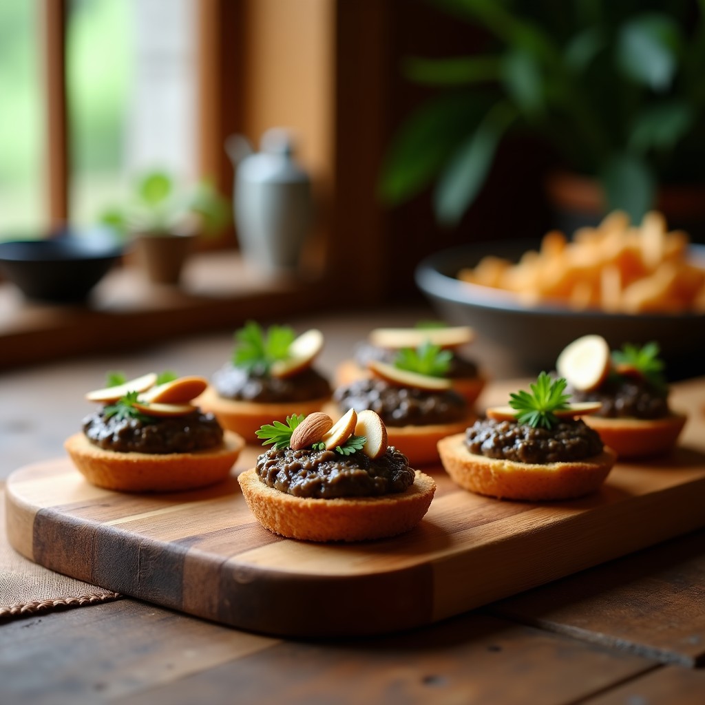 Canapés de pan de gengibre dorado con paté de hongos shitake oscuro, decorados con almendras fileteadas y perejil fresco sobre una bandeja de madera rústica, aperitivo japonés vegano elegante.